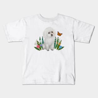 White Toy Poodle Sitting in Flowers Kids T-Shirt